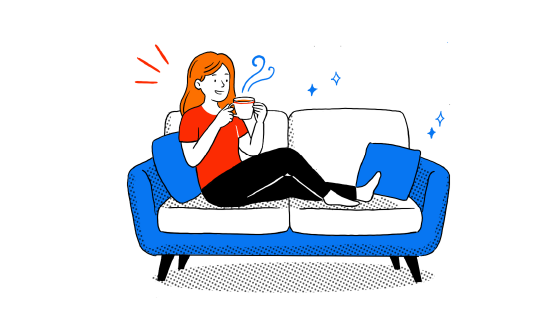 ソファでお茶を飲みながらくつろぐ人のイラスト