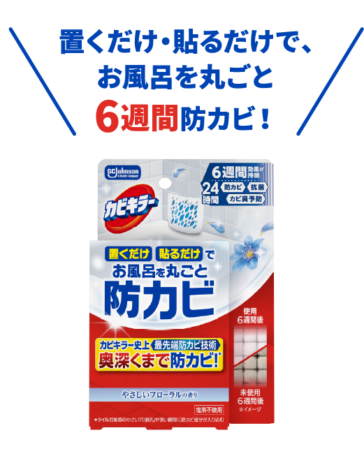 カビキラー 防カビジェル。置くだけ・貼るだけで、お風呂を丸ごと6週間防カビ！